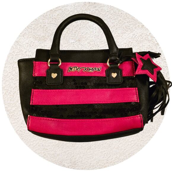 Betsey Johnson Hot Pink & Black Striped Sequin Small Satchel - Picture 11 of 12